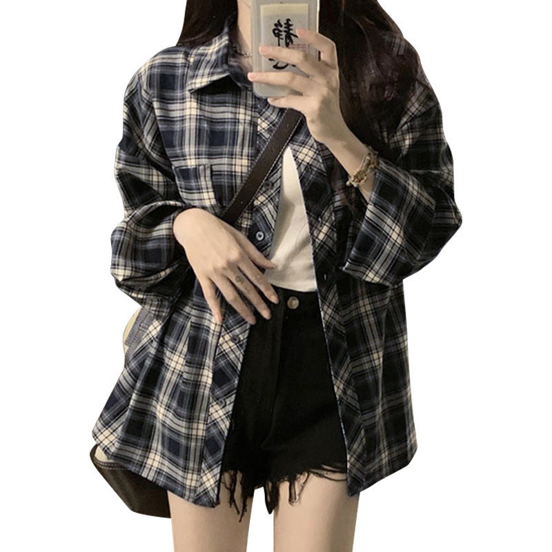Women's Blue Plaid Loose Shirt Jacket - Oversized Casual Shacket Top