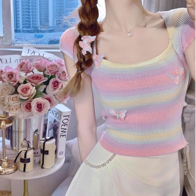 Sweet French Pure Desire Knitted T-Shirt Women's Short Sleeve 2025 Summer New Temperament Top