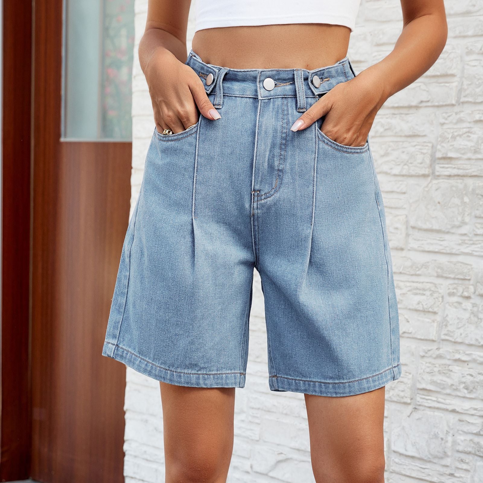 2025 Spring Summer Washed Adjustable Waist Denim Shorts for Women - Casual High-Waist Jean Shorts with Drawstring Fit