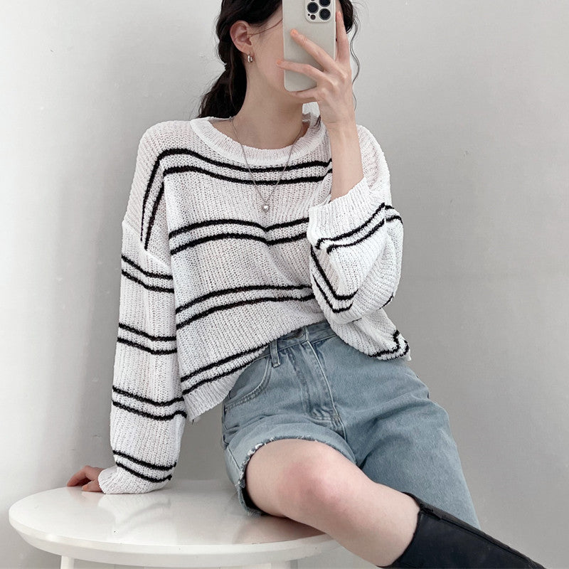 Women's Spring & Summer Hollow Knit Striped Top - Lightweight Long-Sleeved Loose Sun Protection Air-Conditioning RAC25ZB1606WVAT