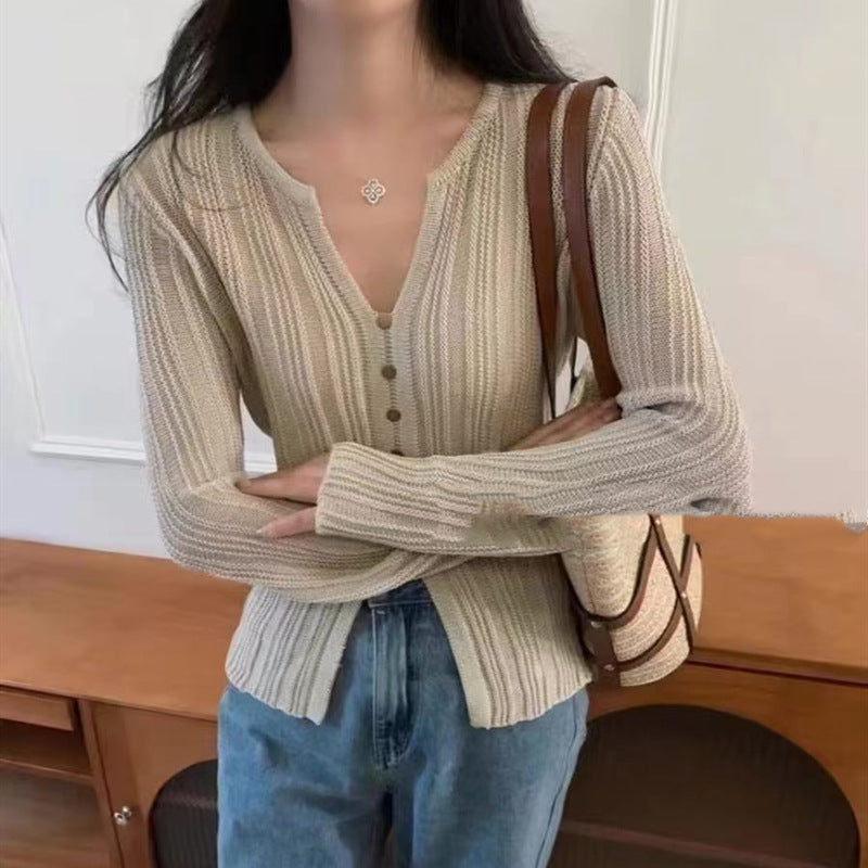 Lazy Style Simple And Versatile Long-Sleeved Knitted Sweater For Women Autumn Wear Temperament V-Neck Slim Fit Top