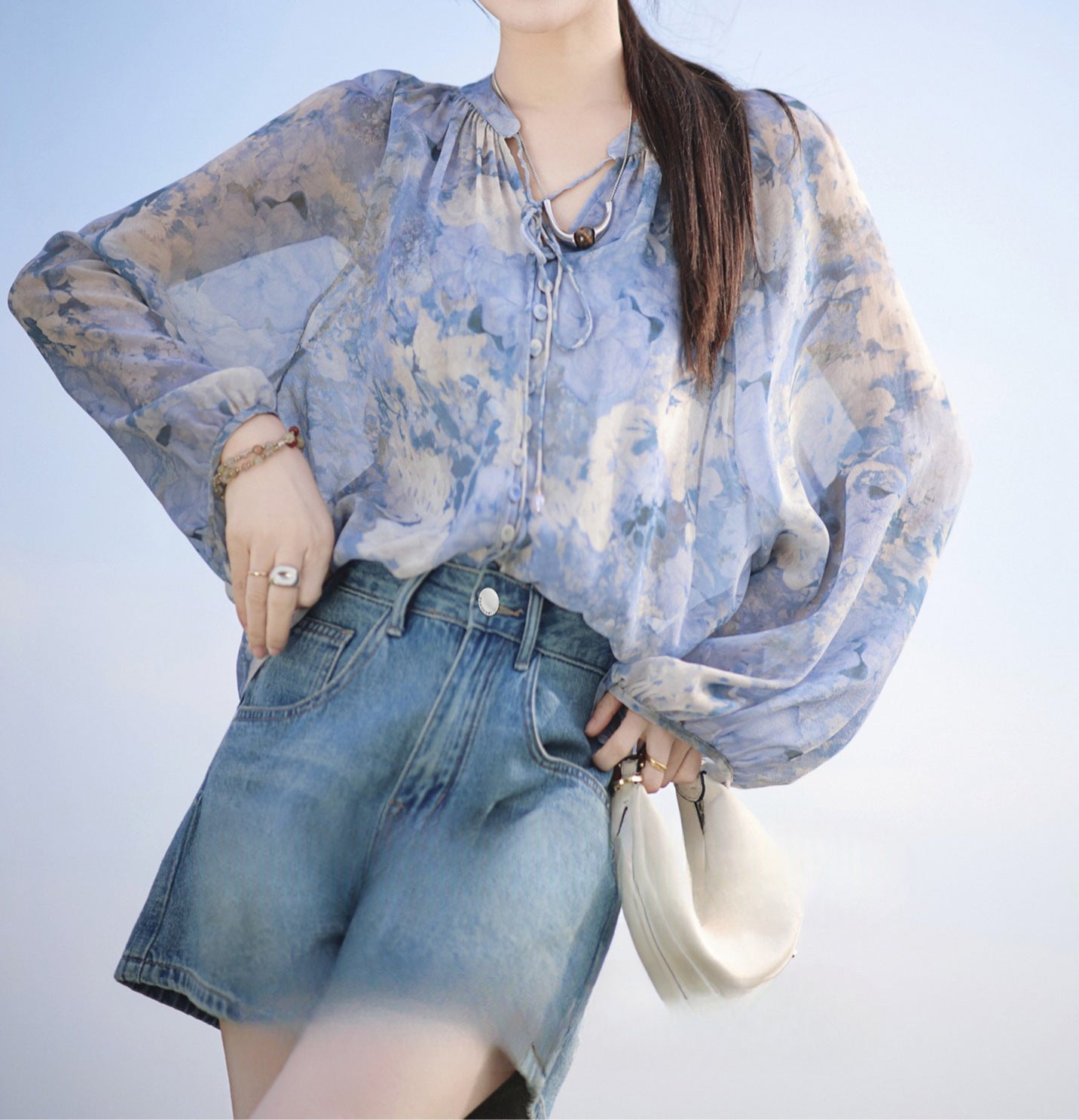 Summer Silk Stand-Up Collar Pullover Shirt - Printed, Long Sleeve, Commuter Chic