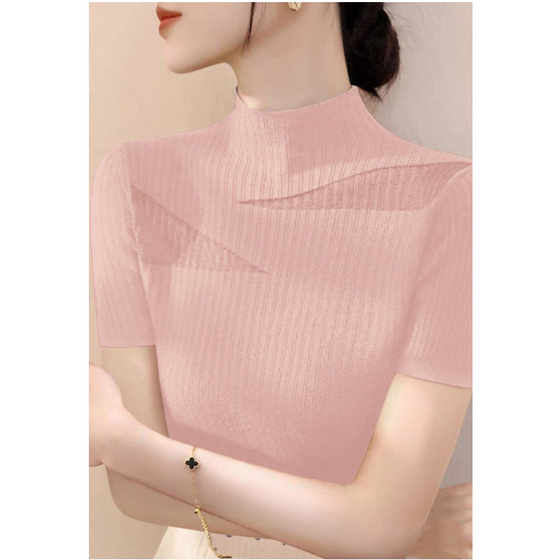 Summer New Style Temperament Half Turtleneck Hollow Mesh Striped Short-Sleeved Top for Women