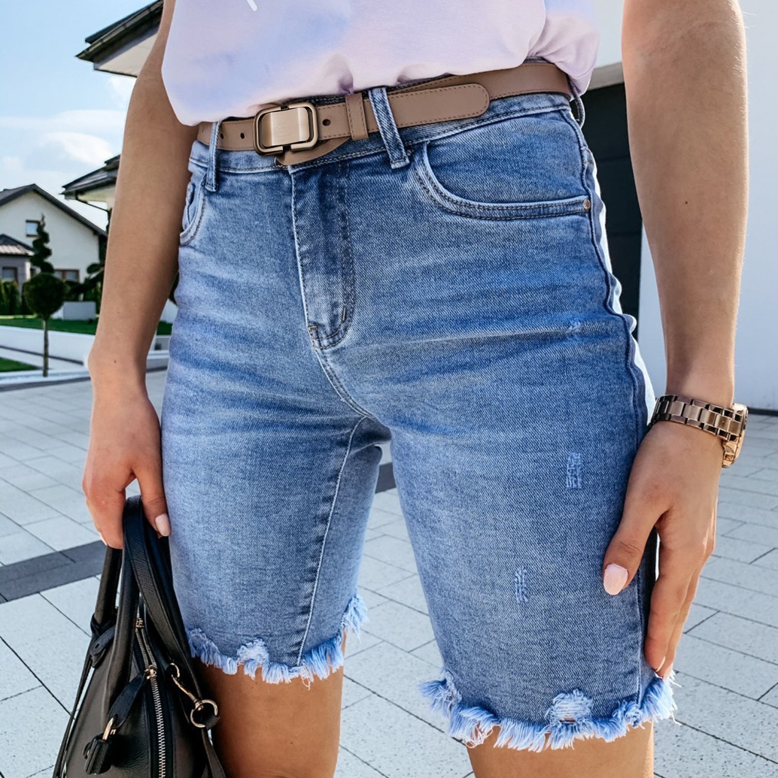 Women's Distressed Denim Shorts with Raw Edge & Tassel Hem - Trendy High-Waist Hole Jeans