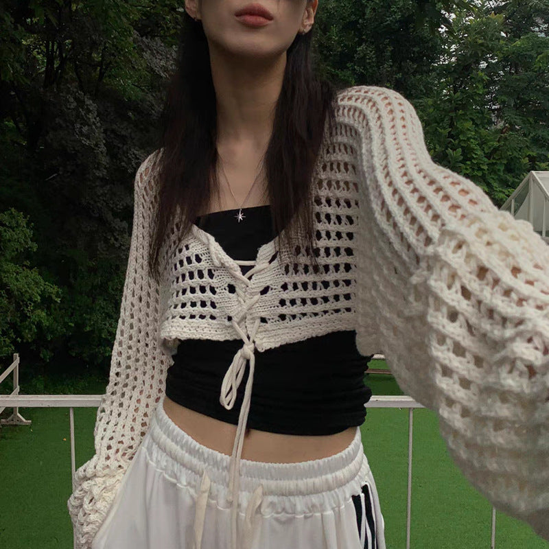Women's Lace-Up Short Slim Pullover Knitted Sweater - 2025 Spring & Autumn Collection