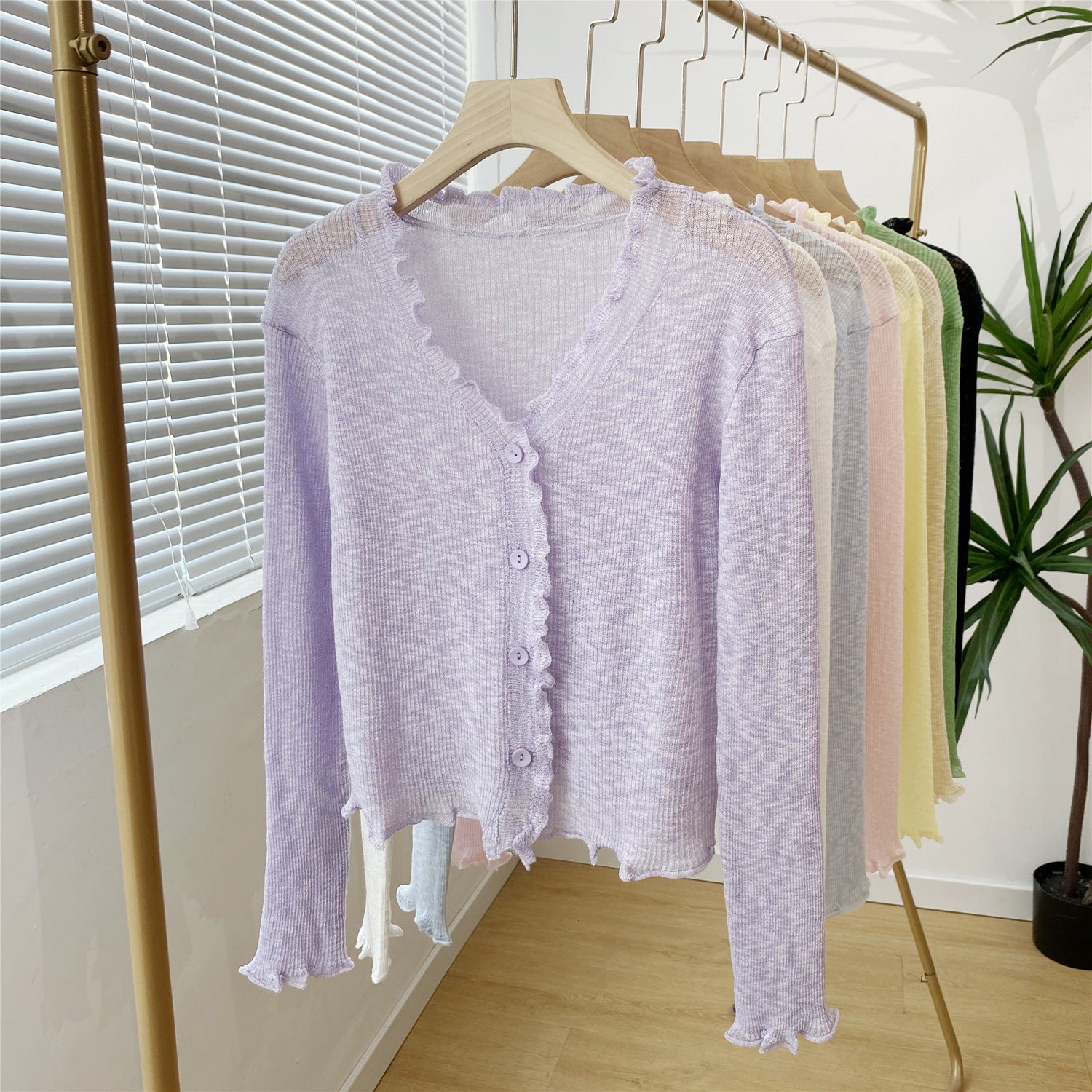 Women's Lightweight Ruffled Knitted Cardigan - Long Sleeve V-Neck Sunscreen Cover-Up