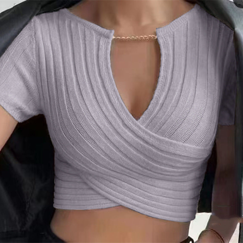 Summer Chain Deep V-Neck Cross-Navel Knitted Crop Top - Women's Short Sleeve Chic Streetwear