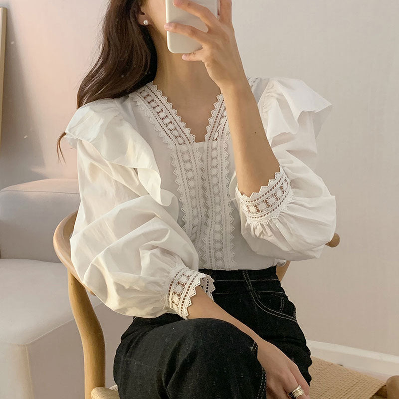 French-Inspired Lace V-Neck Ruffle Blouse - Loose Fit Puff Sleeve Casual Shirt