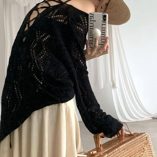 2025 Summer Women's Sunscreen Knitted Blouse - Lightweight Hollow Long-Sleeved Airy Top