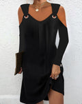 Autumn Solid Color V-Neck Button Dress for Women with Metal Buttons