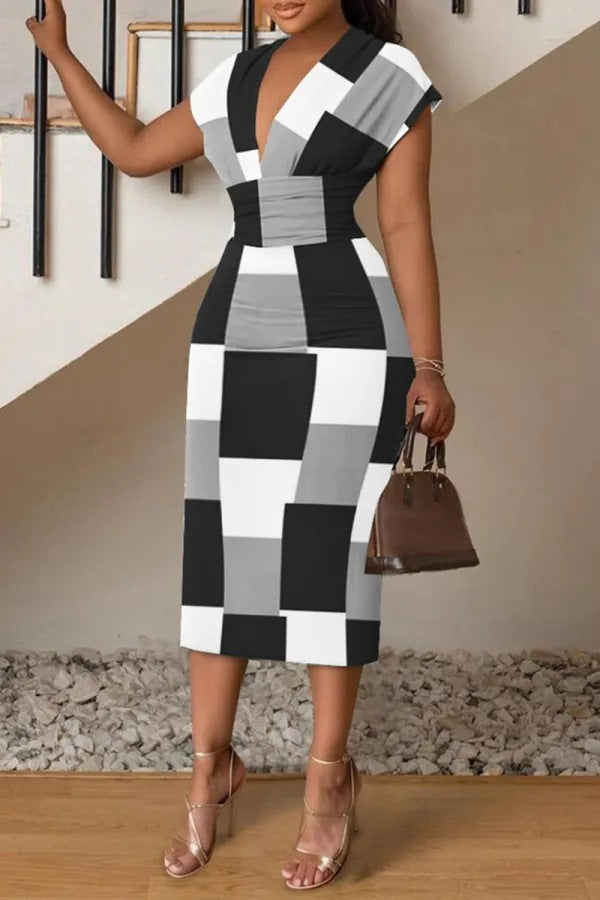 Spring & Summer V-Neck Printed Bodycon Dress – Women's Casual Chic Style