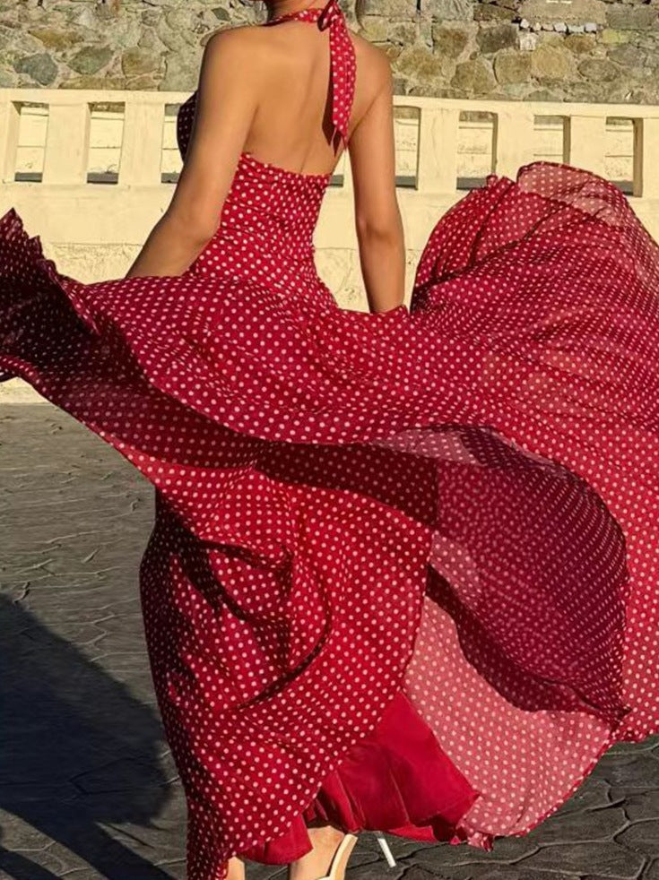 Summer Polka Dot Halter Neck Backless Slim Fit Elegant Dress