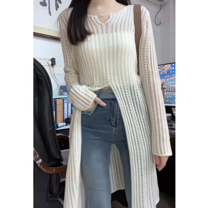 Women's V-Neck Hollow Knit Sweater Top - Lightweight, Breathable, Chic