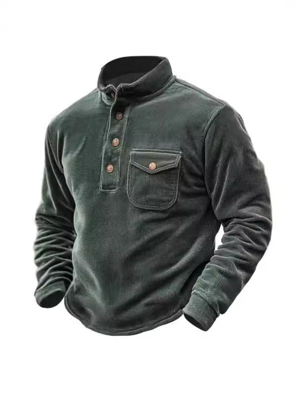 Vintage Corduroy Pocket Men’s Stand Collar Sweatshirt