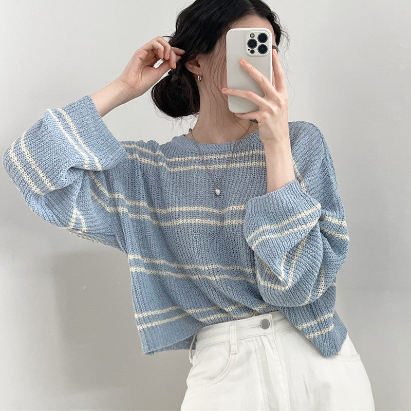 Women's Spring & Summer Hollow Knit Striped Top - Lightweight Long-Sleeved Loose Sun Protection Air-Conditioning RAC25ZB1606WVAT