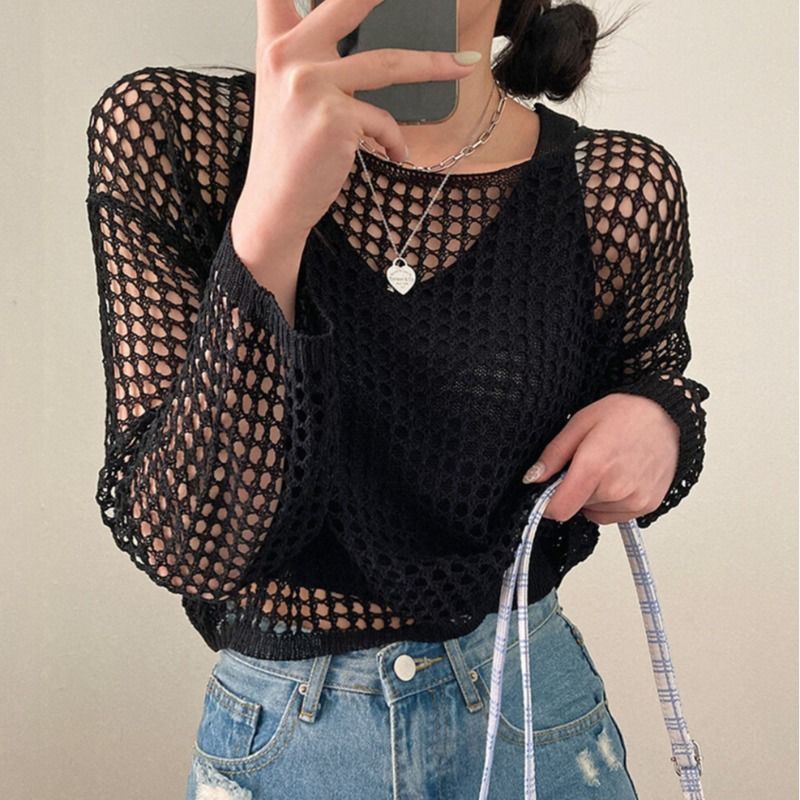 Summer 2025 Sweet & Spicy Pure Desire Style Women's Two-Piece Set - Thin Knit Sweater + Spaghetti Strap Sun-Protective Blouse