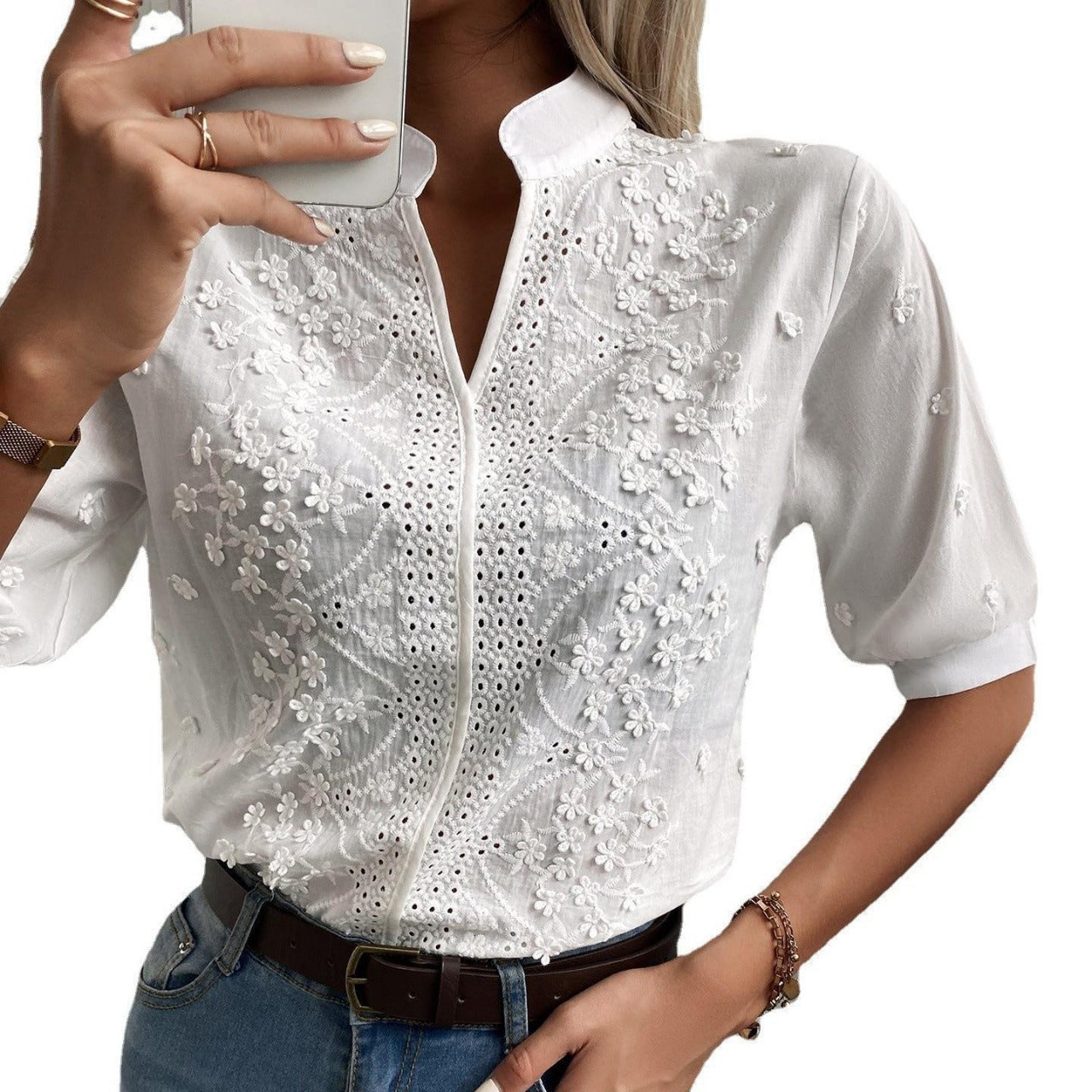 V-Neck Embroidered Lace Blouse - Elegant Stand-Up Collar Women's Shirt