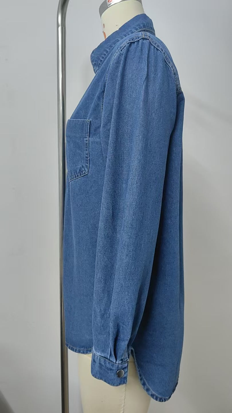 Women's Washed Denim Shirt - Loose Fit Long Sleeve Top with Four-Button Detail & Lining