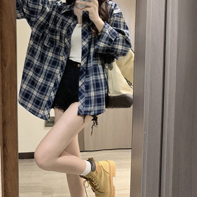 Women's Blue Plaid Loose Shirt Jacket - Oversized Casual Shacket Top