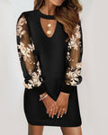 Spring V-neck Lace Long Sleeve Printed Waist Dress for Women