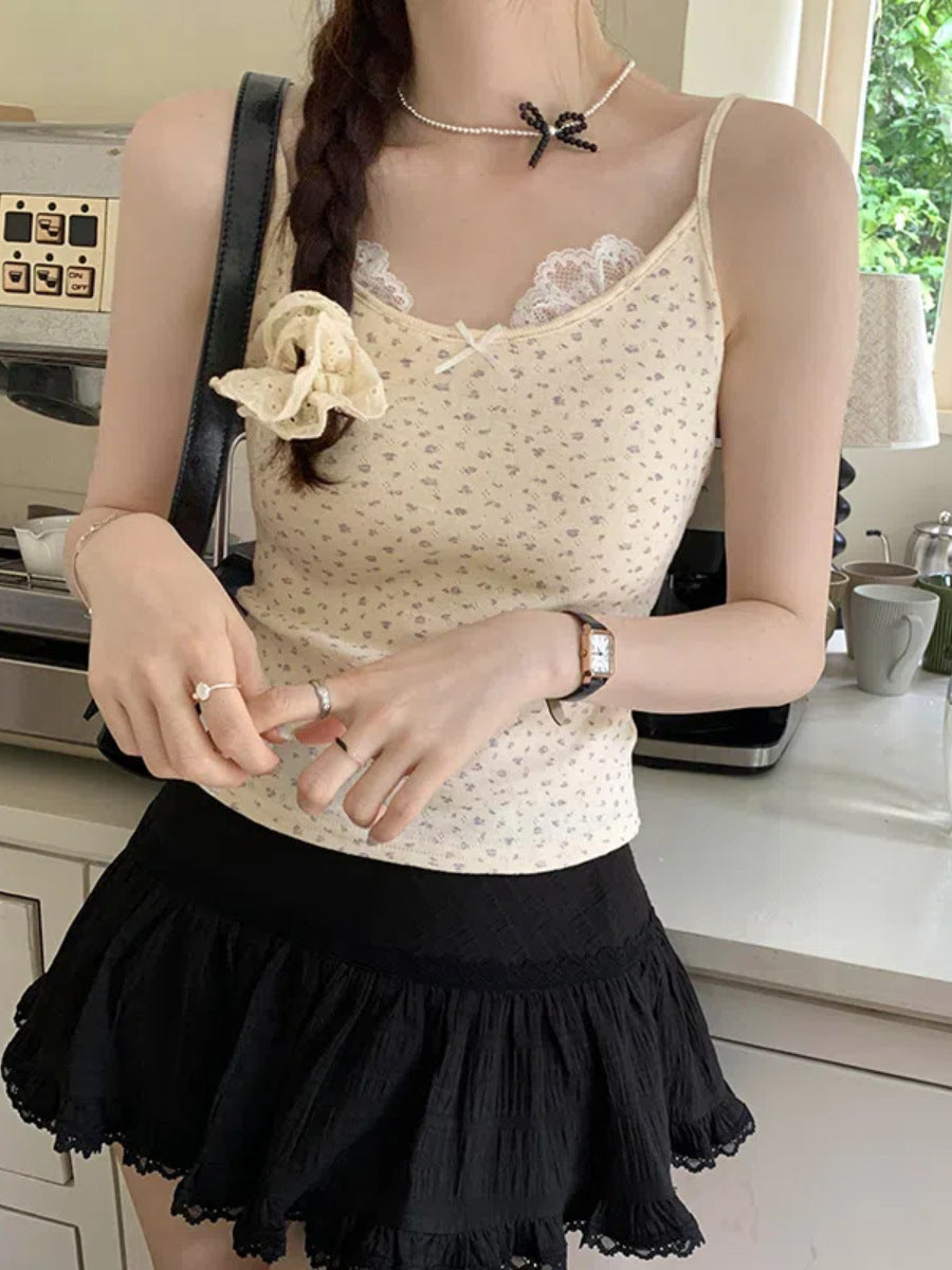 Women's Pure Cotton Lace Bow Small Floral Sling - Unique & Exquisite Summer Camisole