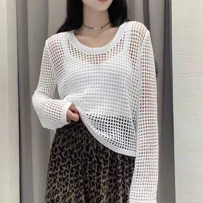 Spring and summer hollow knit sweater women 2025 new thin round neck Top