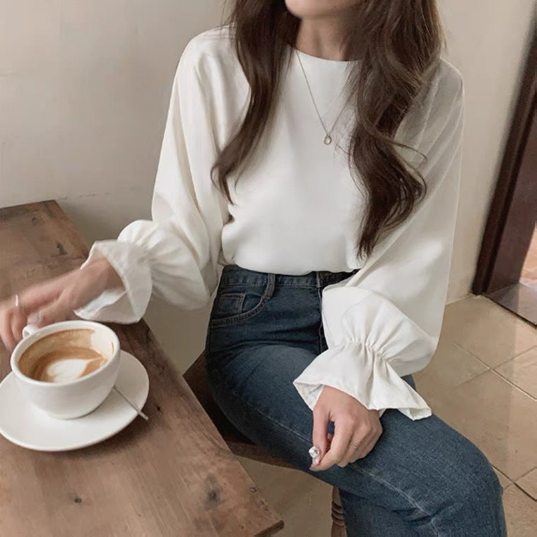 Women's Loose-Fit Trumpet Sleeve Round Neck Solid Color Blouse
