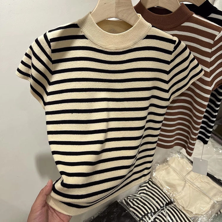 Half Turtleneck Striped Sweater - Flying Sleeves, Slim Fit Short-Sleeved Top for Women