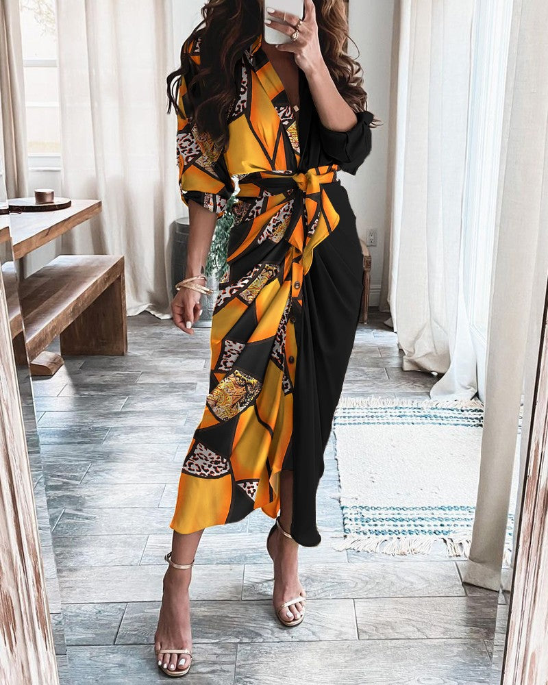 Women's Summer Long-Sleeved V-Neck Button-Up Printed Maxi Dress