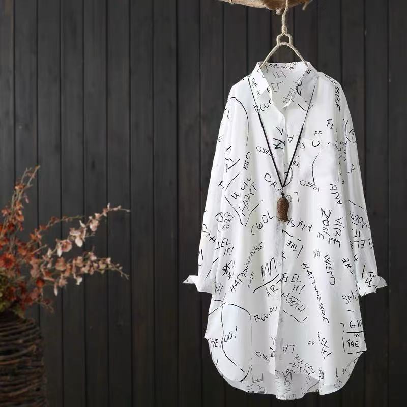 Women's Letter-Printed Mid-Length Shirt - Casual Summer Cardigan & Sun Protection