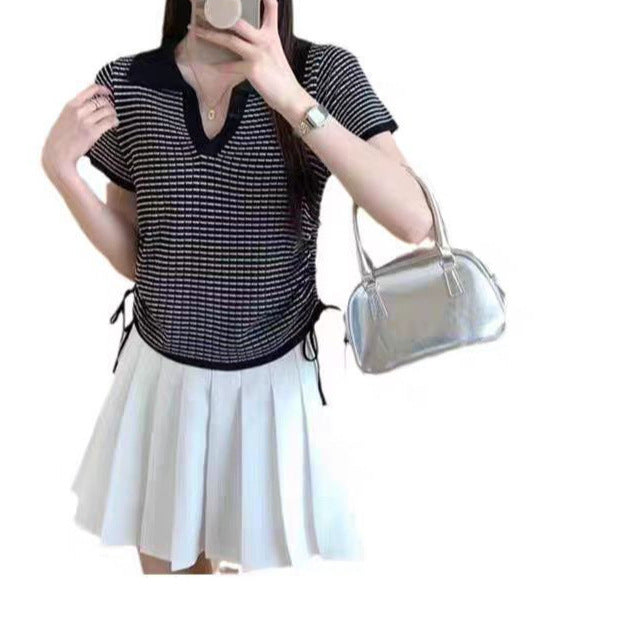 Women's Contrast Color Plaid Polo Collar Drawstring Slim Fit Short Sleeve Top