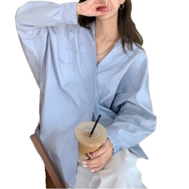 Women's White V-Neck Long-Sleeved Shirt - Loose Fit, Niche Design, Versatile Top
