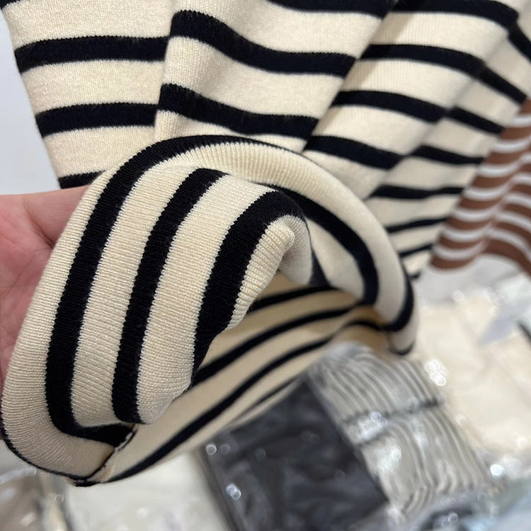 Half Turtleneck Striped Sweater - Flying Sleeves, Slim Fit Short-Sleeved Top for Women