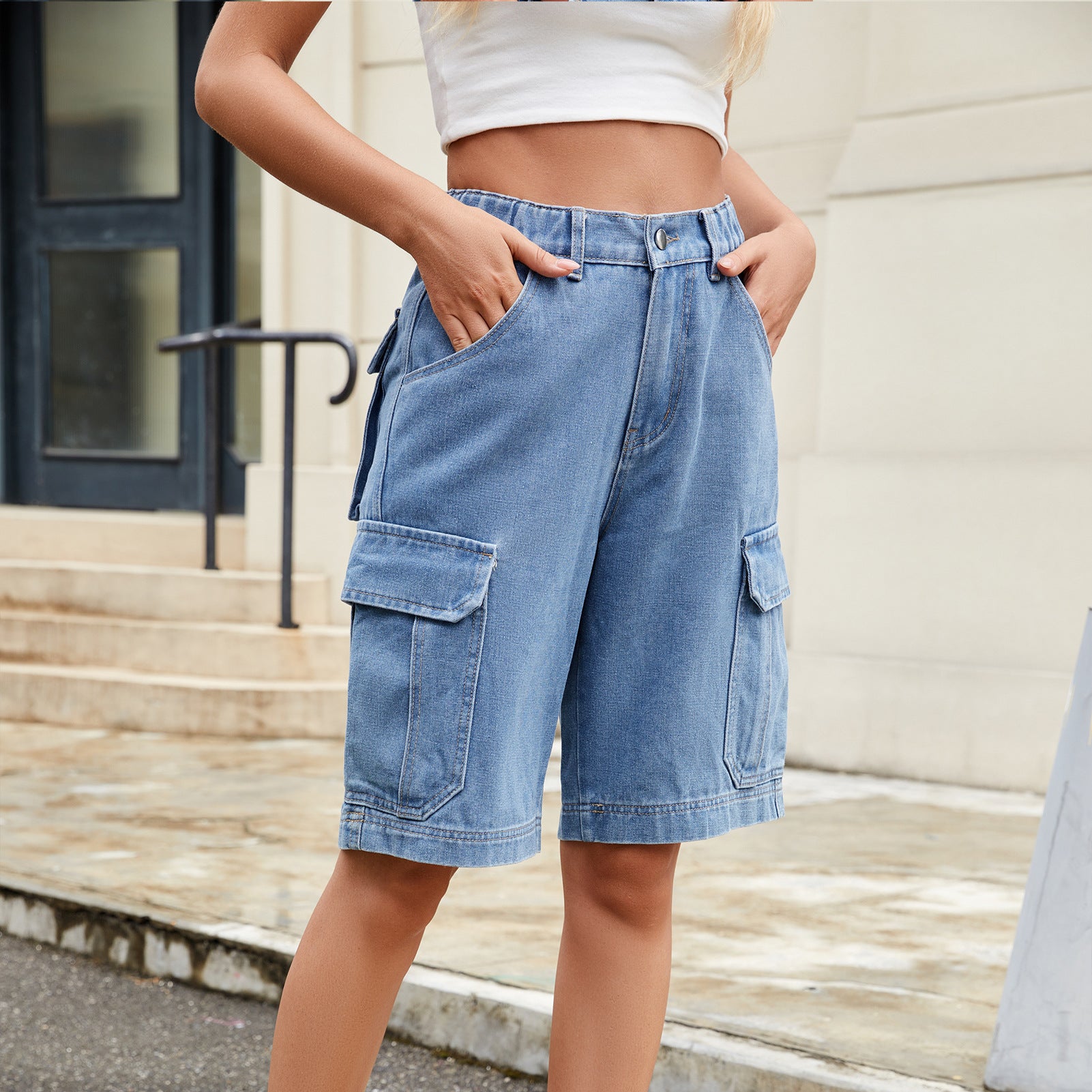 Elastic Waist Denim Workwear Shorts