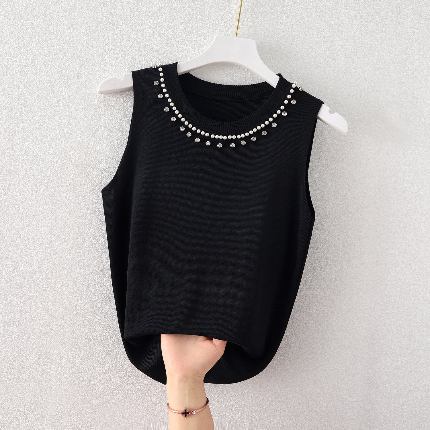 Women's Knitted Sleeveless Vest - Summer Beaded Round Neck Top, Lightweight Inner Bottoming Shirt