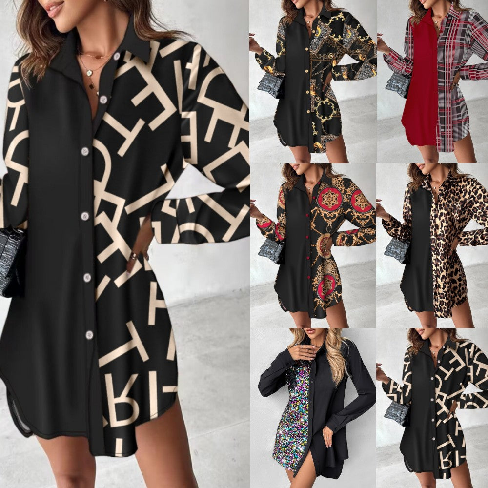 Autumn and Winter Long-Sleeved Printed Stitching Button Dress – Women's Shirt Dress