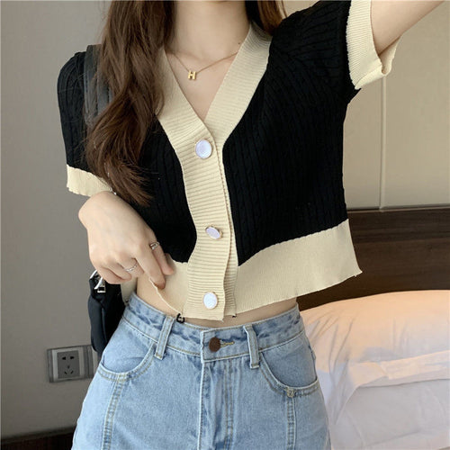 Chic Contrast V-Neck Knitted Cardigan - Short Sleeve Women's Top