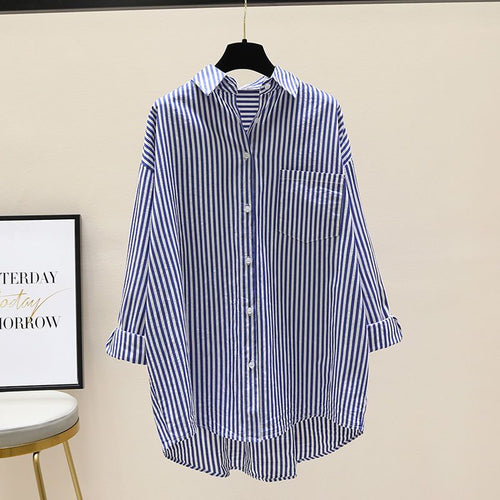 Artistic High-Low Striped Mid-Length Shirt for Women