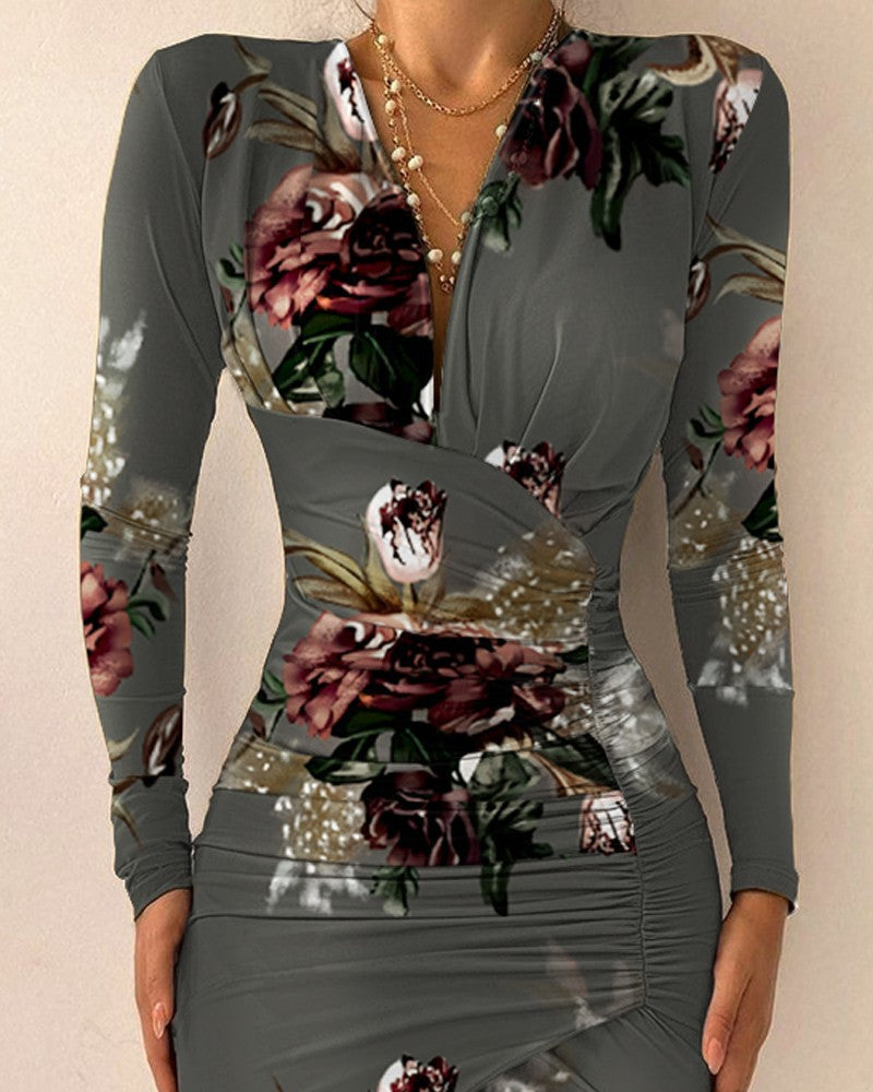 Autumn & Winter V-Neck Long Sleeve Print Slit Bodycon Dress for Women