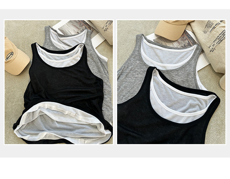 Women's Splicing Fake Two-Piece Sleeveless Sports Vest - Loose Fit Summer Slim Top