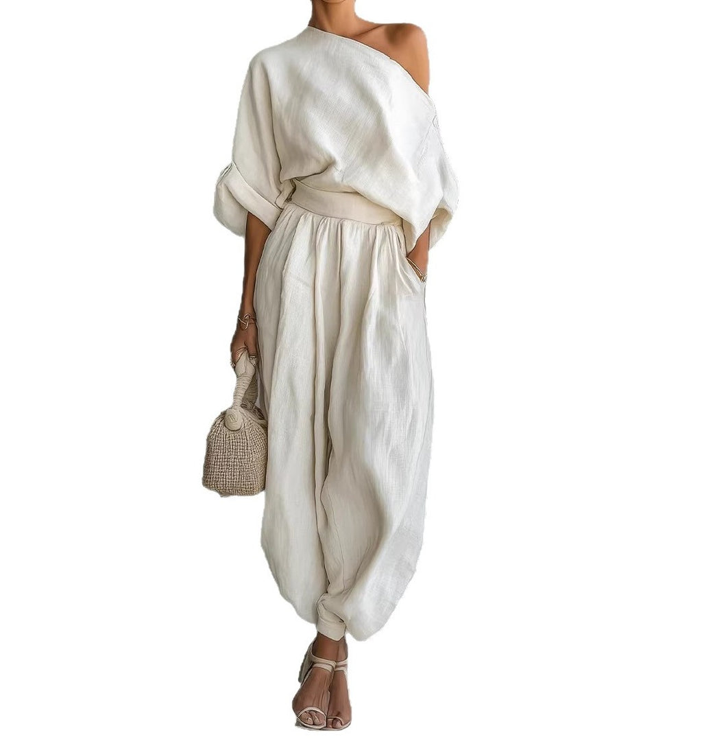 Solid Color Off-Shoulder T-Shirt with Pockets Casual Loose Two-Piece Set