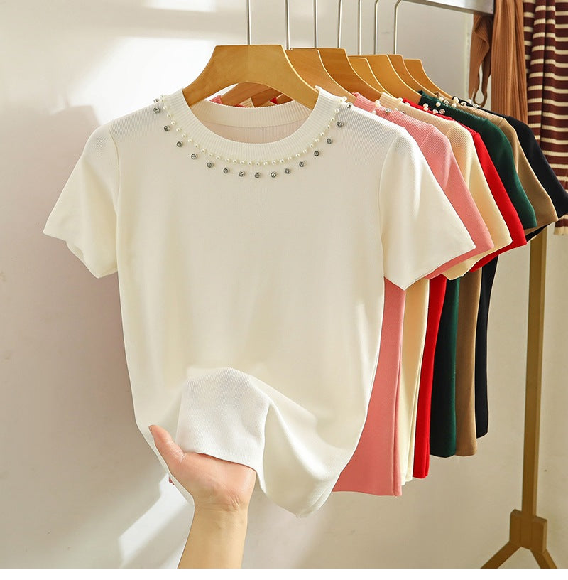 Women's Summer White Beaded Knit T-Shirt - Short Sleeve, Straight Shoulder, Short Top