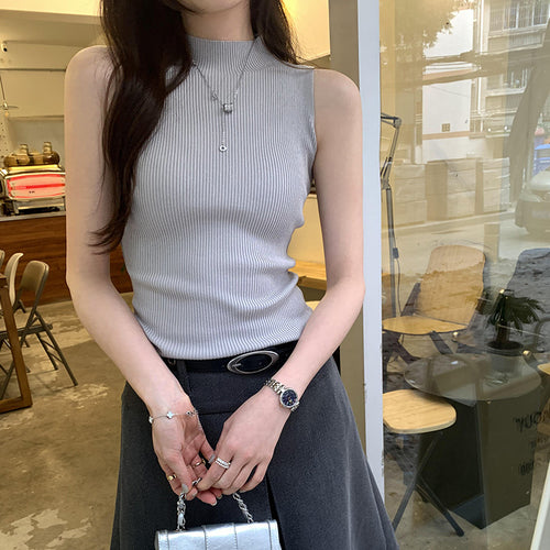 Chic Solid Color Half-High Collar Sleeveless Knitted Vest - Elegant Slim Fit Summer Innerwear for Women