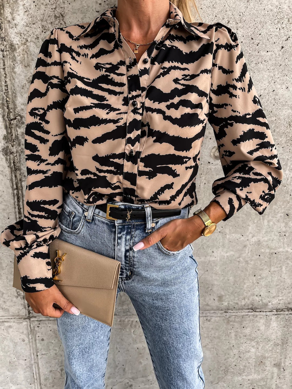 Women's Autumn Long Sleeve V-Neck Button Leopard Print Shirt