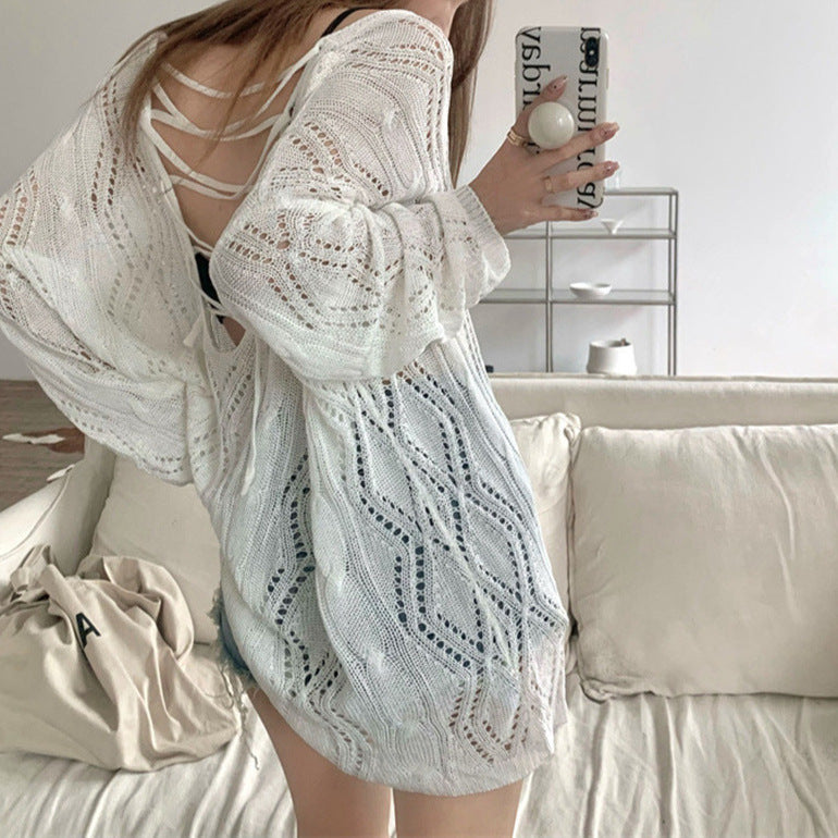 2025 Summer Women's Sunscreen Knitted Blouse - Lightweight Hollow Long-Sleeved Airy Top