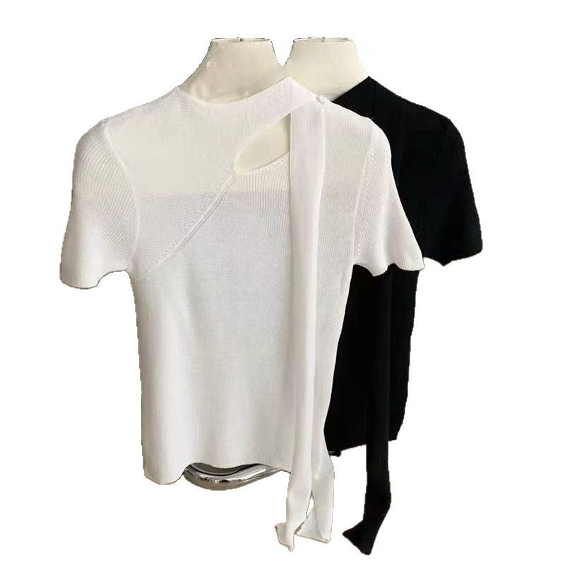 Summer Halter Hollow Knit Sweater - Women's Short Sleeve French Slim Fit Top