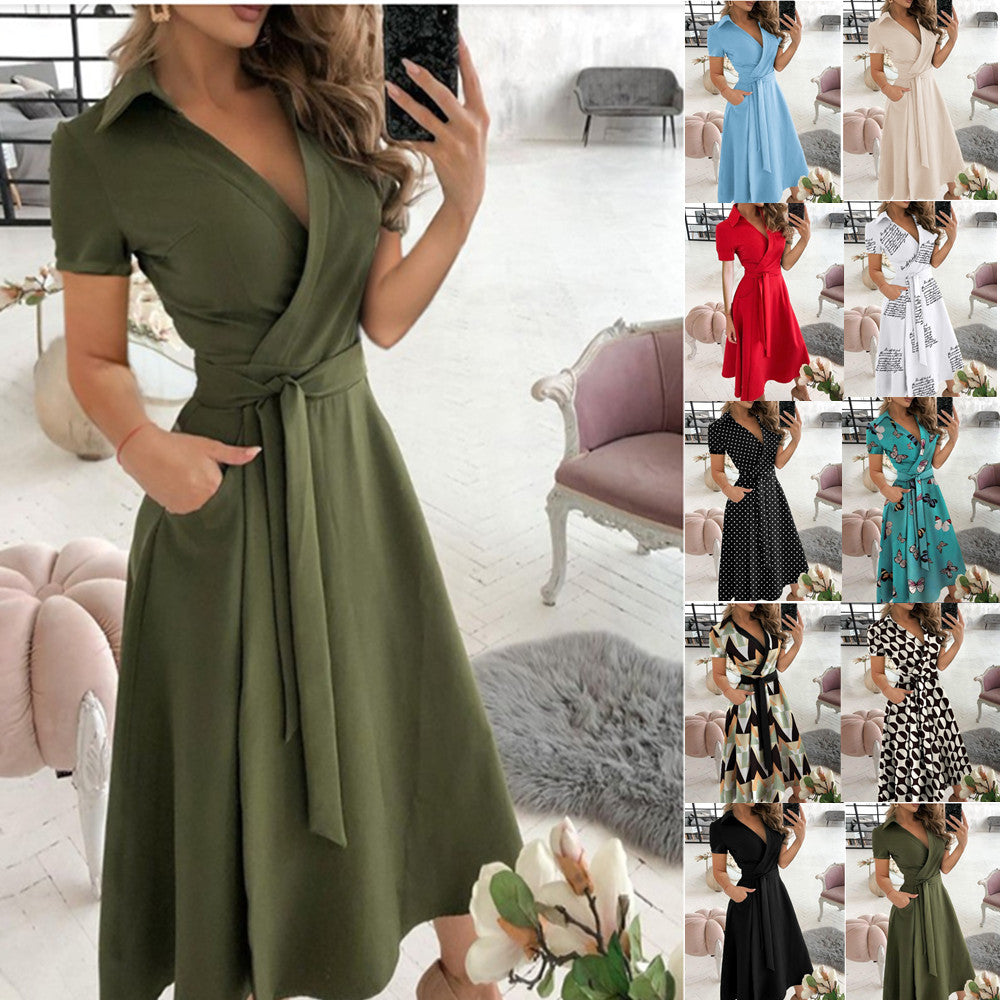 Women's V-Neck Printed Short Sleeve Bodycon Dress – Elegant Hip-Wrapped Summer & Spring Style