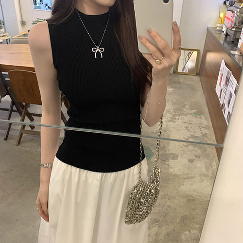 Chic Solid Color Half-High Collar Sleeveless Knitted Vest - Elegant Slim Fit Summer Innerwear for Women