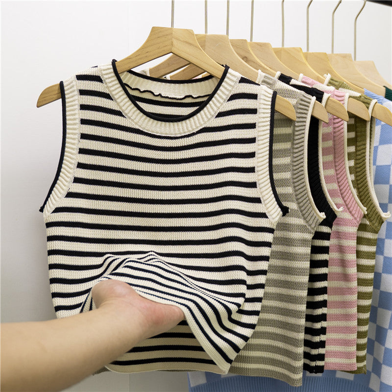 Women's Striped Slim Fit Camisole - Summer Round Neck Sleeveless Knitted Top