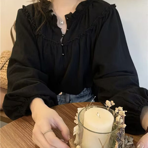 2025 French Retro Niche Puff Sleeve Top with Ruffled Long Sleeves - Elegant Vintage Charm Meets Modern Femininity